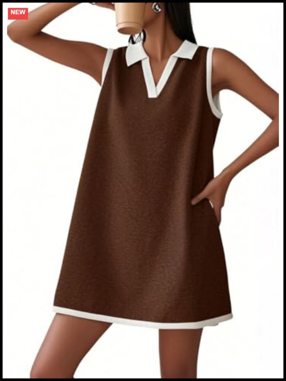 Cotton Blend Sleeveless Polo Mini Dress with Pockets for Tennis Golf Casual